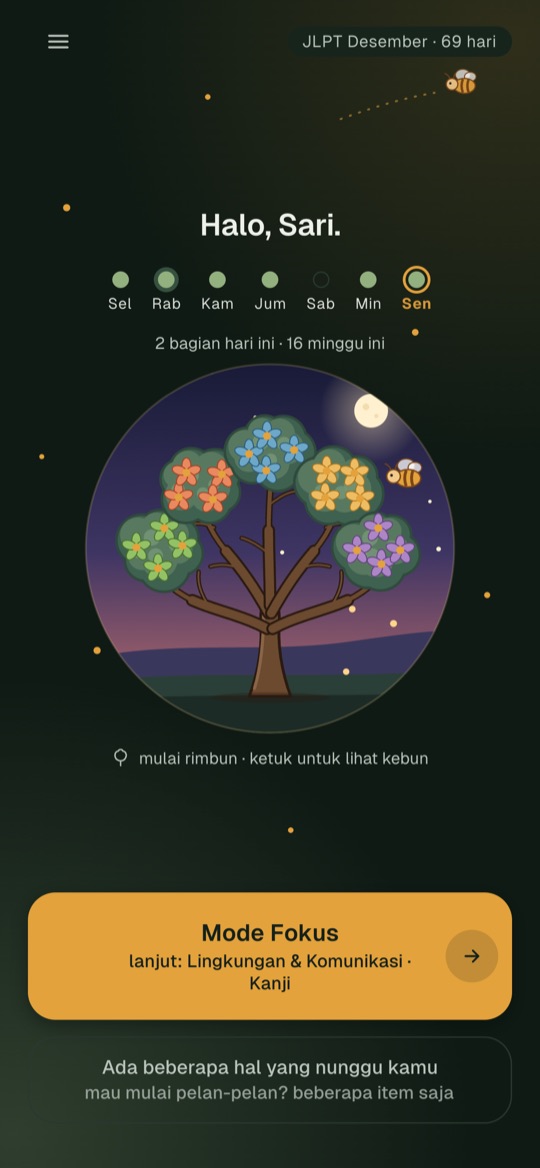 Beranda app Aftershift N4 dengan taman malam